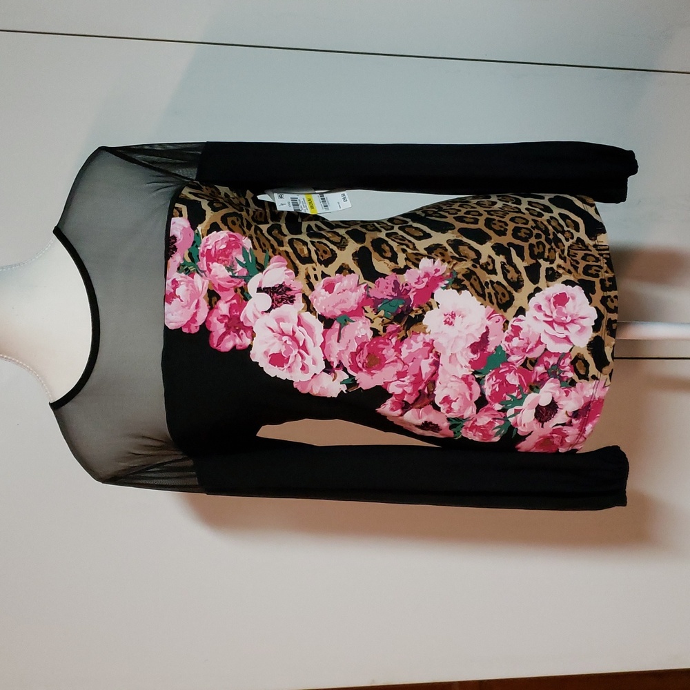 INC Astrid Leopard  Women top,medium,long sleeves, color black/ leopard/ flowers